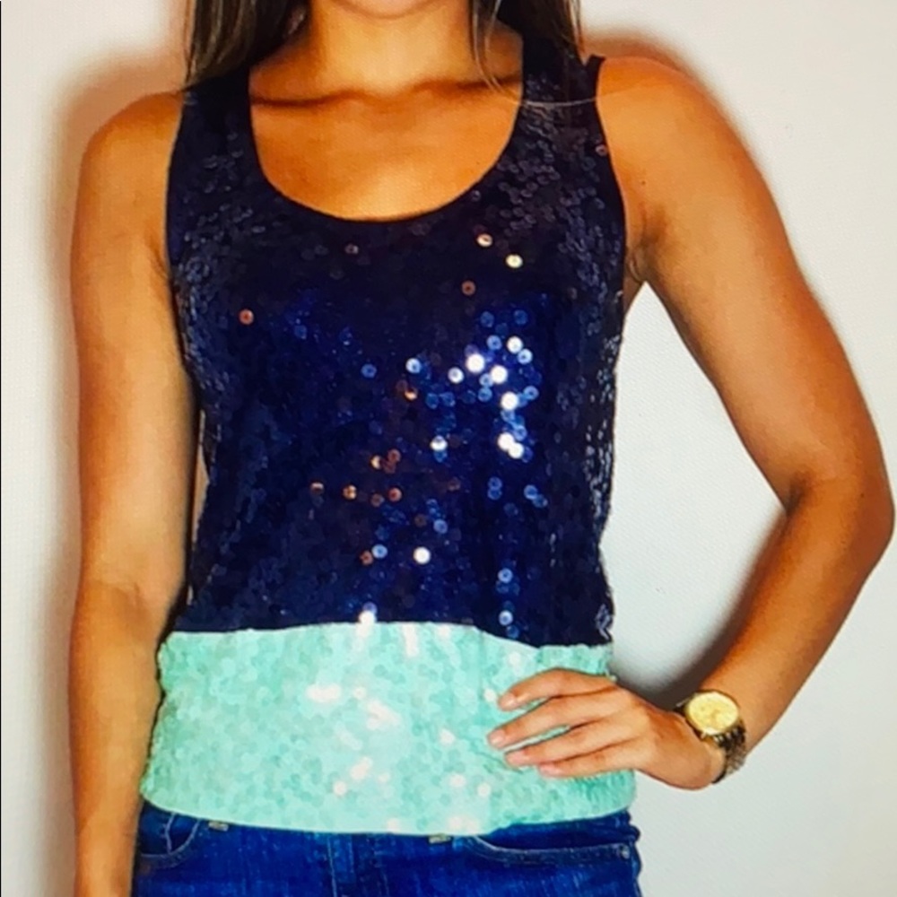 J Crew blue & green color-blocked sequin tank top